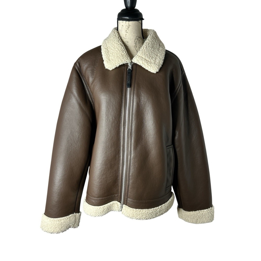 Hudson Jeans Faux‎ Brown Shearling-Collar Bomber Jacket M NWT $238.00